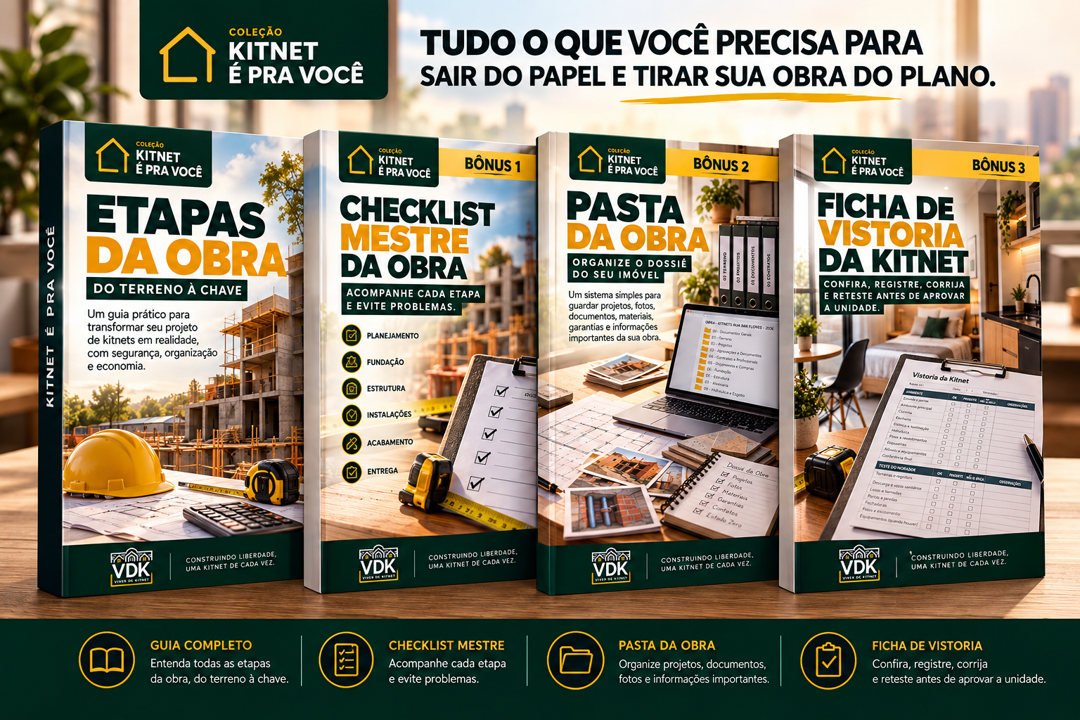 Mockup do Kit Prático da Obra com a cartilha e os três bônus